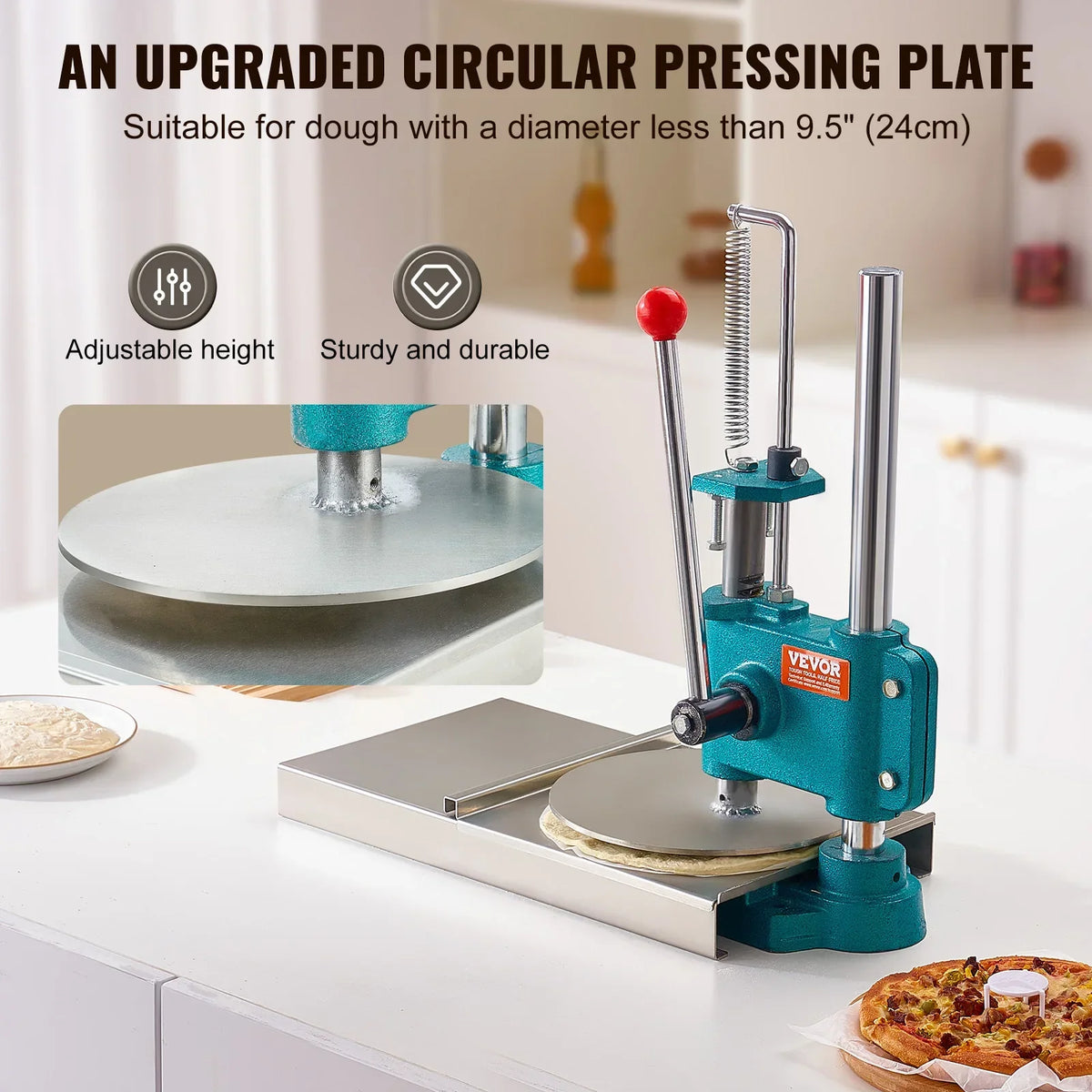 9.5" Manual Pizza Dough Press, Stainless Steel Chapati Maker & Pastry Presser for Home/Commercial, 24cm Sheet Pizza Tool