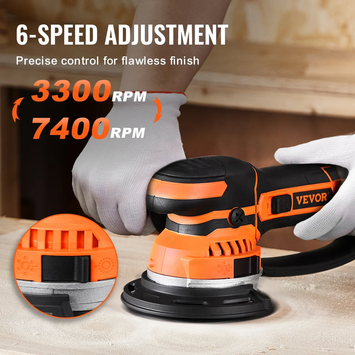 Random Orbital Sander 850W DA&GA Dual Action Orbital Sander 7400PRM 6 Variable Speed Electric Sander w/10PCS Sandpapers
