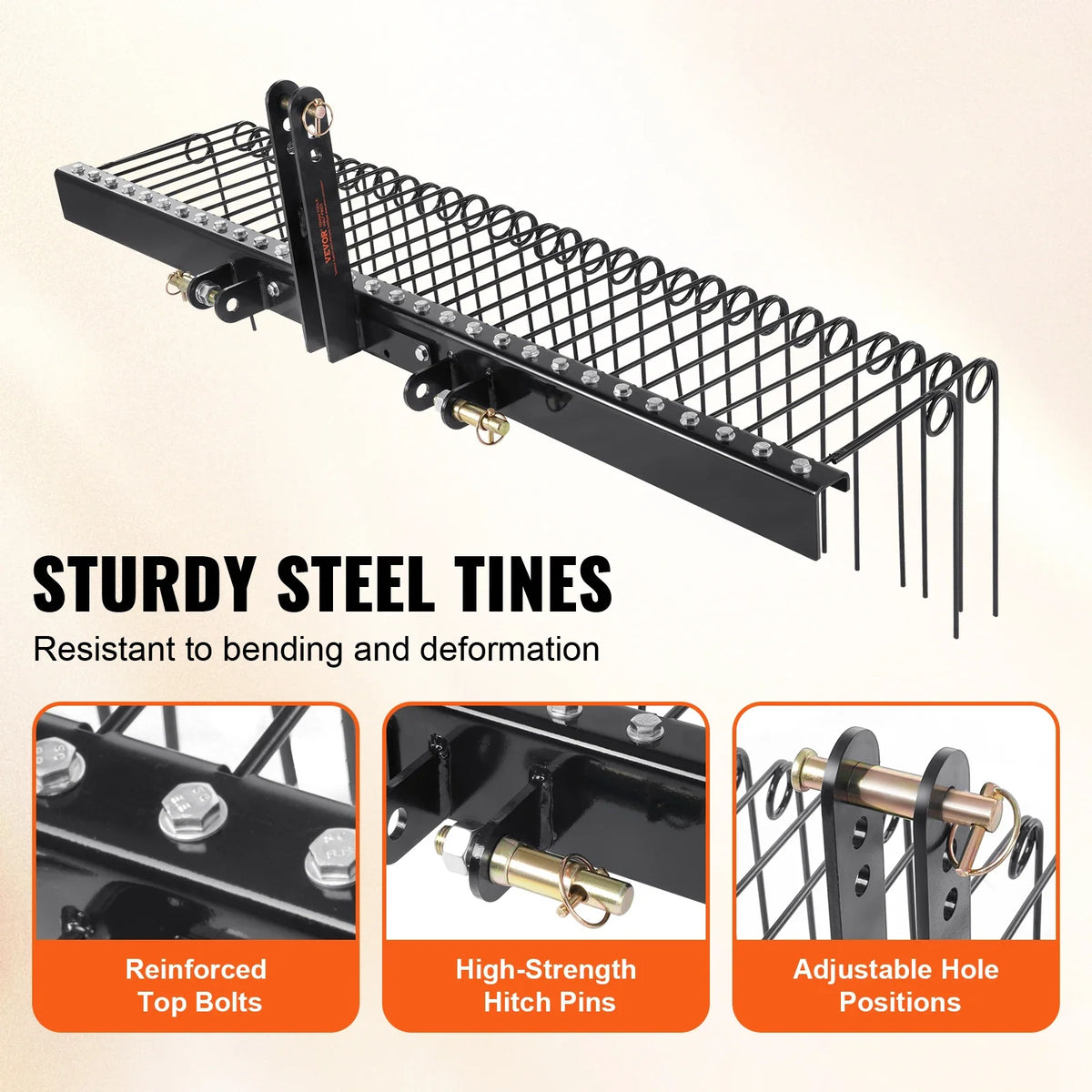 Tow Behind Landscape Rake 72" 32 Steel Tines Tow Lawn Dethatcher Rake Attaches to Tractor for Leaves/Pine Needles/Grass