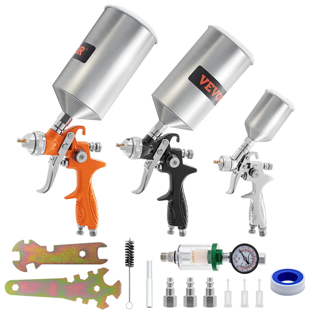 Professional Paint Air Sprayer Gun Set 11 Piece with 2 Full Size 1000cc Capacity Air Regulator & Gauge for Furniture Fence