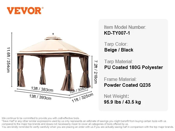 11x11ft/10x10ft/10x13ft Portable Gazebo PU Coated 250D Garden Market Waterproof Collapsible Canopy Party Tent for Outdoor