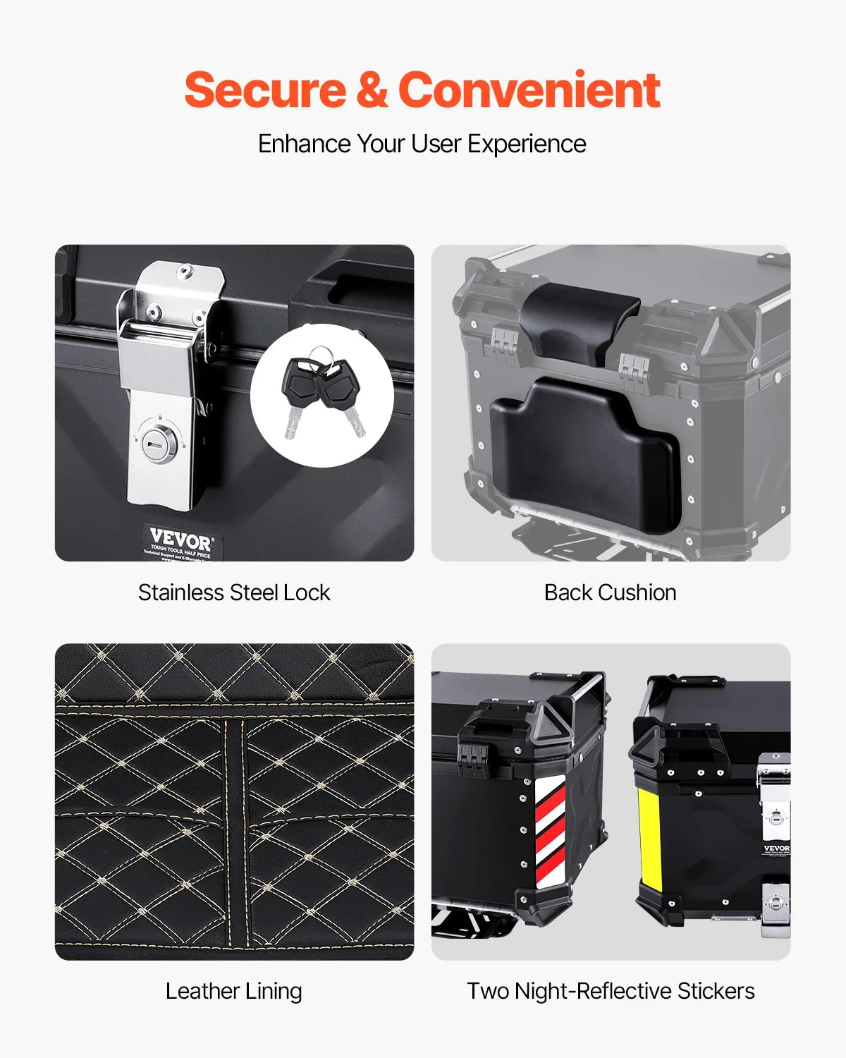 45L/55L/65L Universal Aluminum Alloy Motorbike Tail Box with Leather Lining & Lock  Fit for 99% of Motorcycle Frames