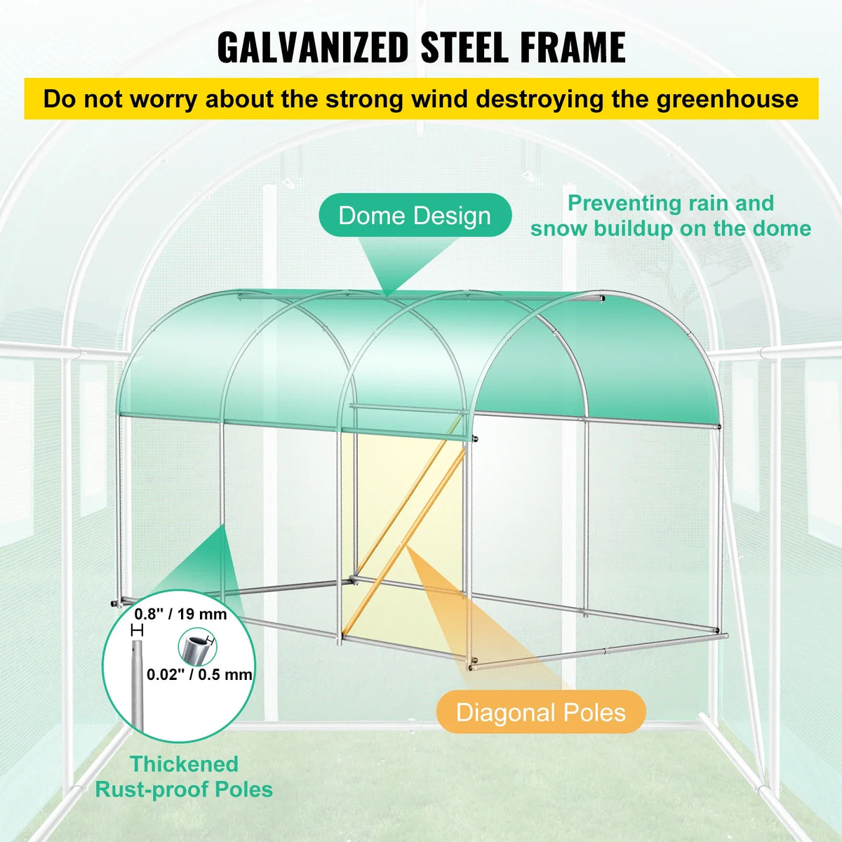 Walk-in Tunnel Greenhouse, 9.8 x 6.6 x 6.6 ft Portable Plant Hot House w/Galvanized Steel Hoops, 1 Top Beam,Diagonal Poles