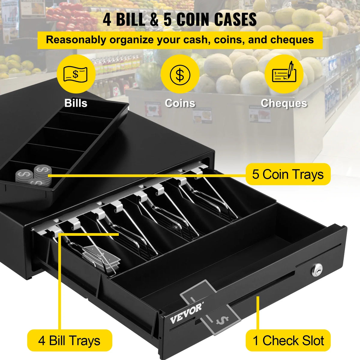 Cash Register Drawer 16" 12 V for POS System Tray Removable Coin Compartment & 2 Keys Included RJ11/RJ12 Cable Drawer
