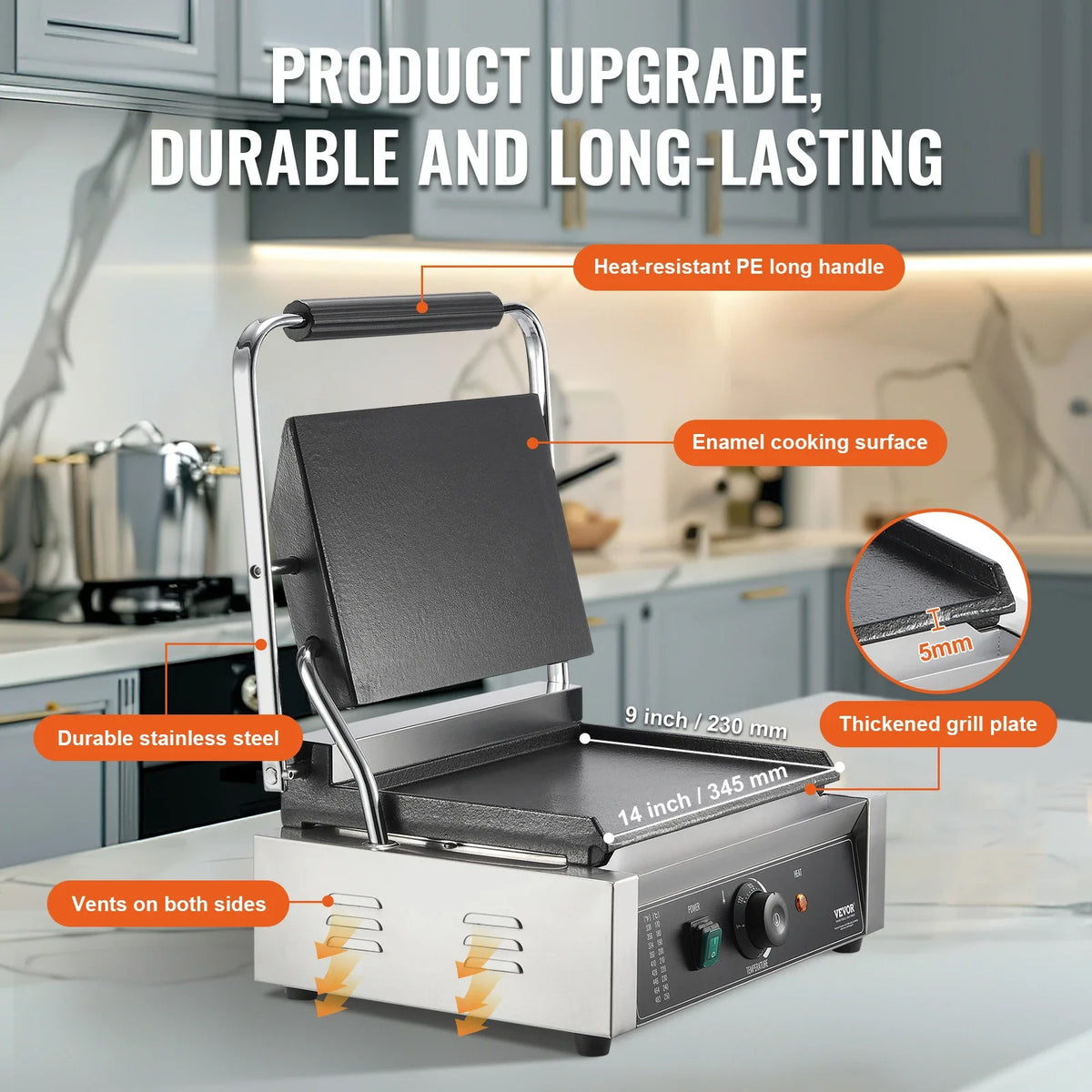 17 In Commercial Panini Grill, Electric Sandwich Panini Maker, Stainless Steel Sandwich Press Grill, with Temp Control