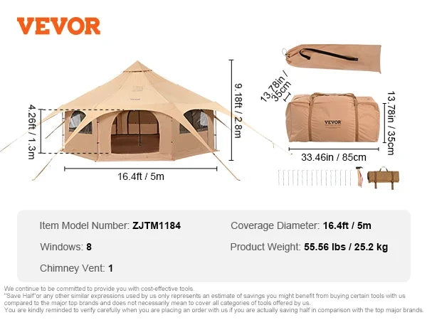 Canvas Tent 5 m/16.4 ft Bell Tent for Camping w/Stove Jack Breathable Yurt Tent for 8 People Camping Outdoor Hunting Party