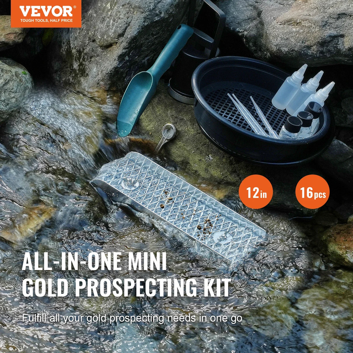 Gold Panning Kit With Mini Sluice Box,12/50In Aluminum Gold Mining Equipment, 16/23 PCS Gold Prospecting Kit with Gold Pan