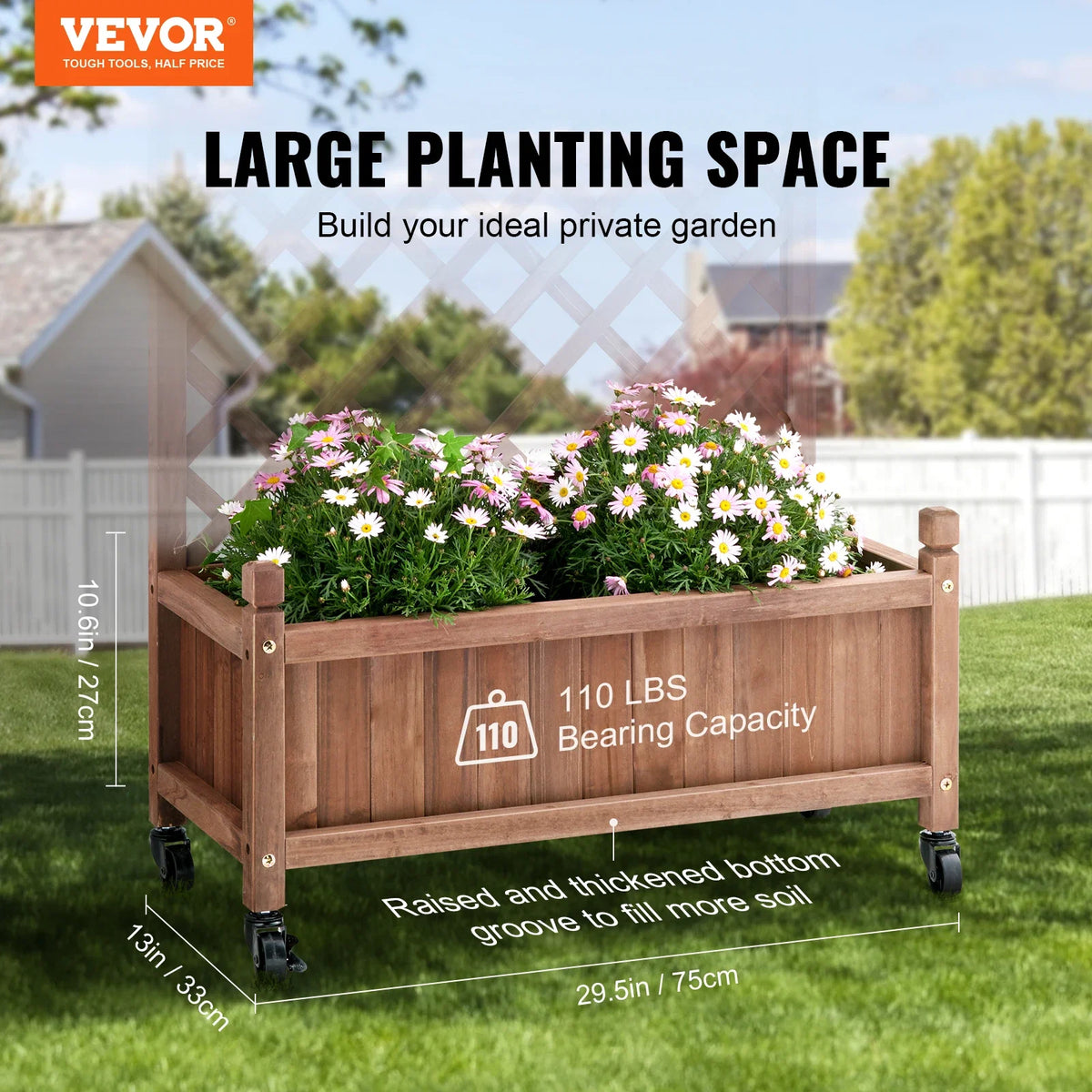 Raised Garden Bed with Trellis Outdoor Raised Wood Planters with Drainage Holes for Vine Climbing Plants Flowers in Garden