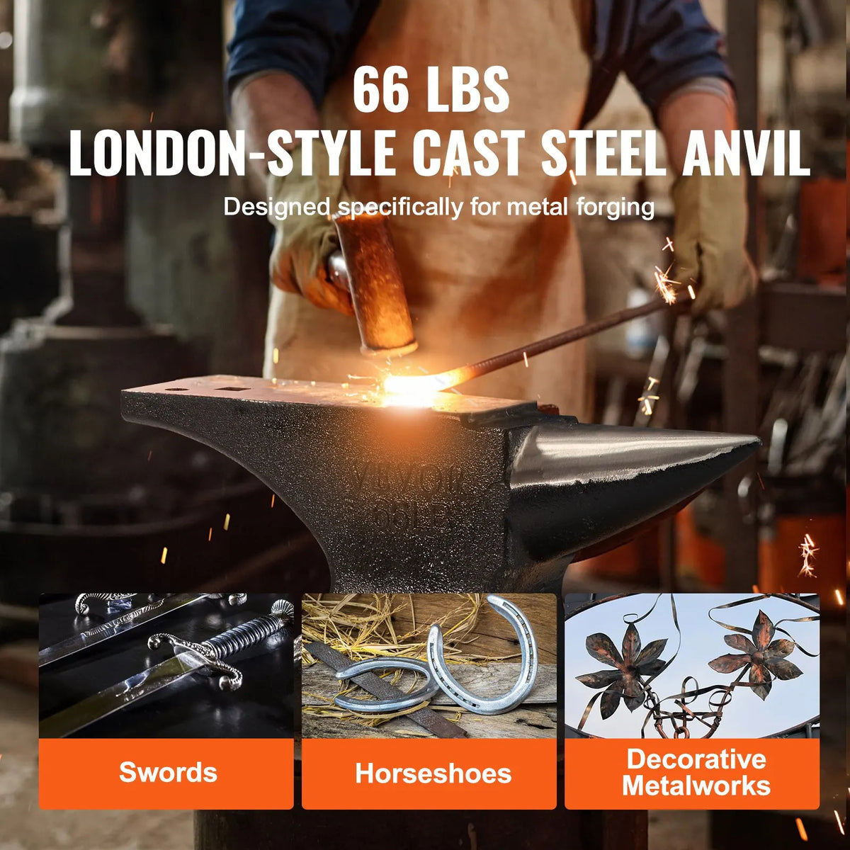 Single Horn Anvil,9/22/66 Lbs Cast Steel Anvil High Hardness Rugged Round Horn Anvil Blacksmith with Round and Square Hole