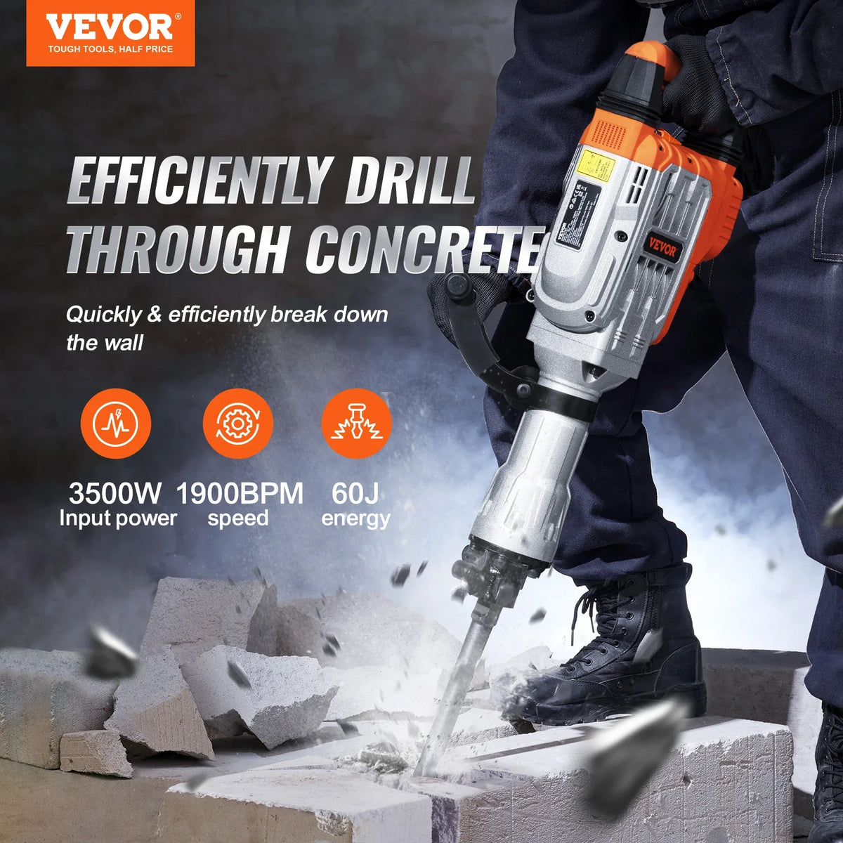 3500W Demolition Jack Hammer 1900 BPM Electric Jack Hammer Concrete Breaker 2pcs Chisel for Trenching and Breaking Holes