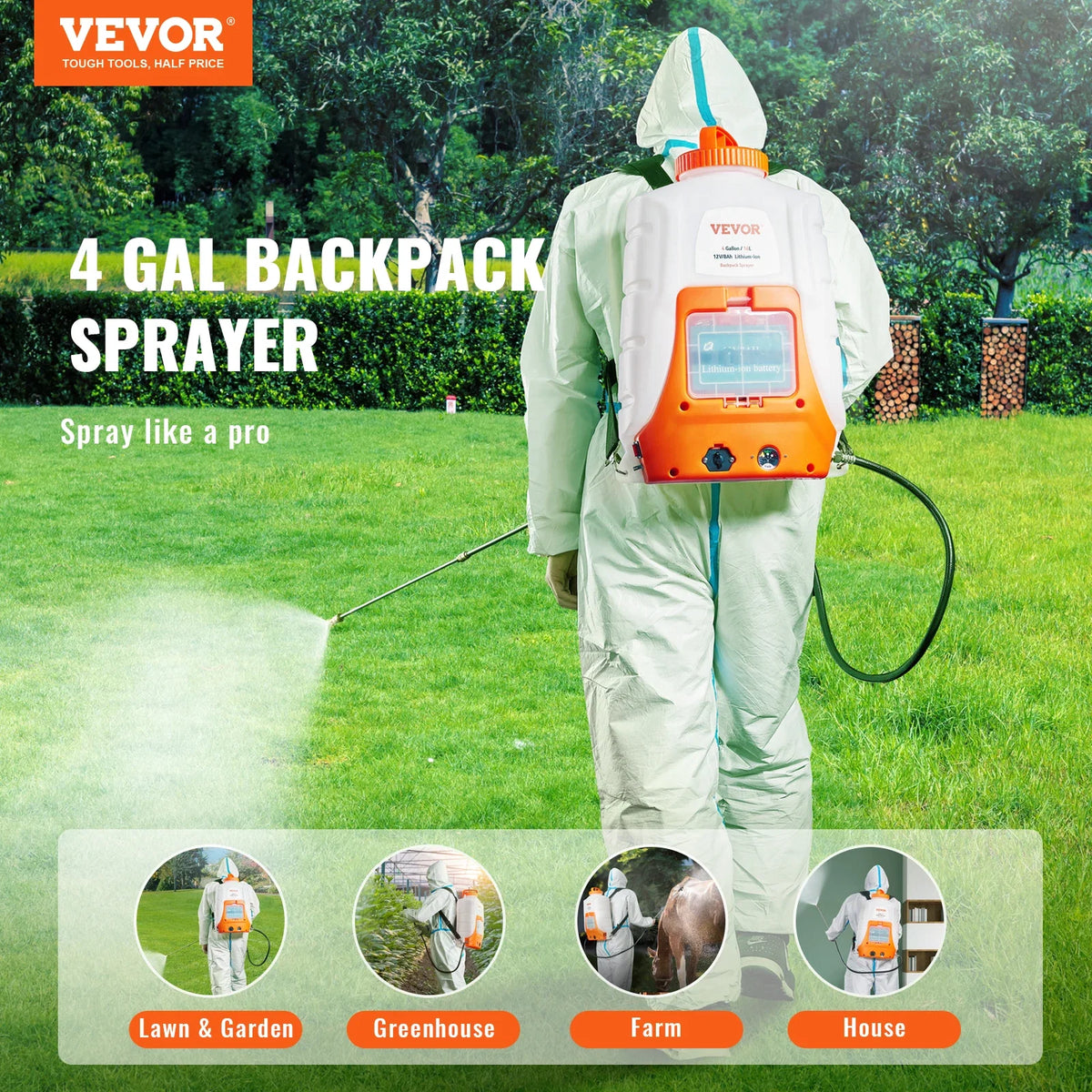 Battery Powered Backpack Sprayer 0-90 PSI Adjustable Pressure 4 Gallon Tank Back Pack Sprayer with 8 Nozzles and 2 Wands