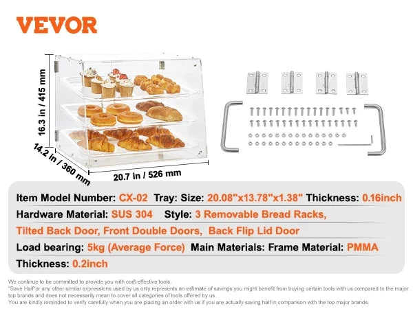 2/3 Tray Clear Pastry Display Case Acrylic Commercial Countertop Bakery Display Case with Front and Rear Door for Bread