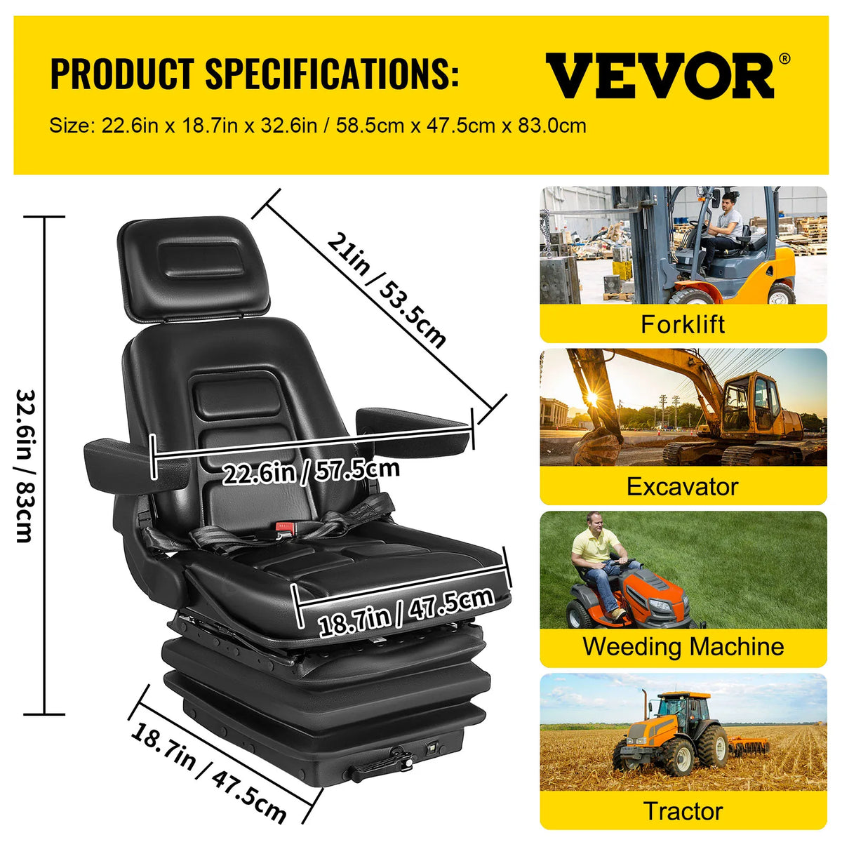 Replacement Tractor Seat Suspension Angel Adjustable with Seat Belt and Lock for Mowers Excavators Graders Wheel Loaders