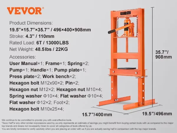 6/12 Ton Hydraulic H-Frame Garage Floor Adjustable Shop Press with Plates 6T/12T Orange for Garages or Professional Shops