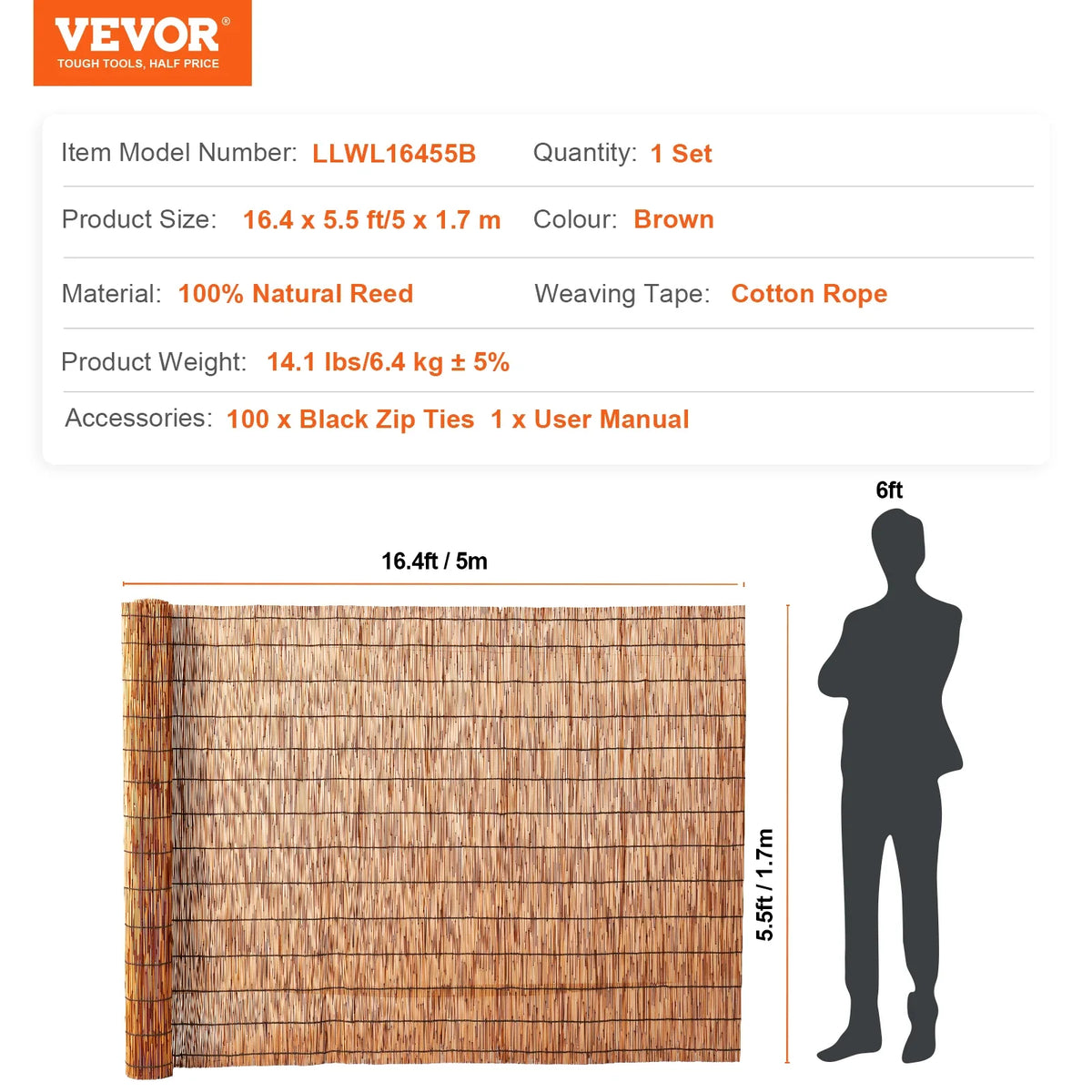 Natural Reed Fencing 5.5 ft x 16.4 ft Balcony Reed Fence Roll for Outdoor Backyard Patio Backyard Garden Fencing Divider