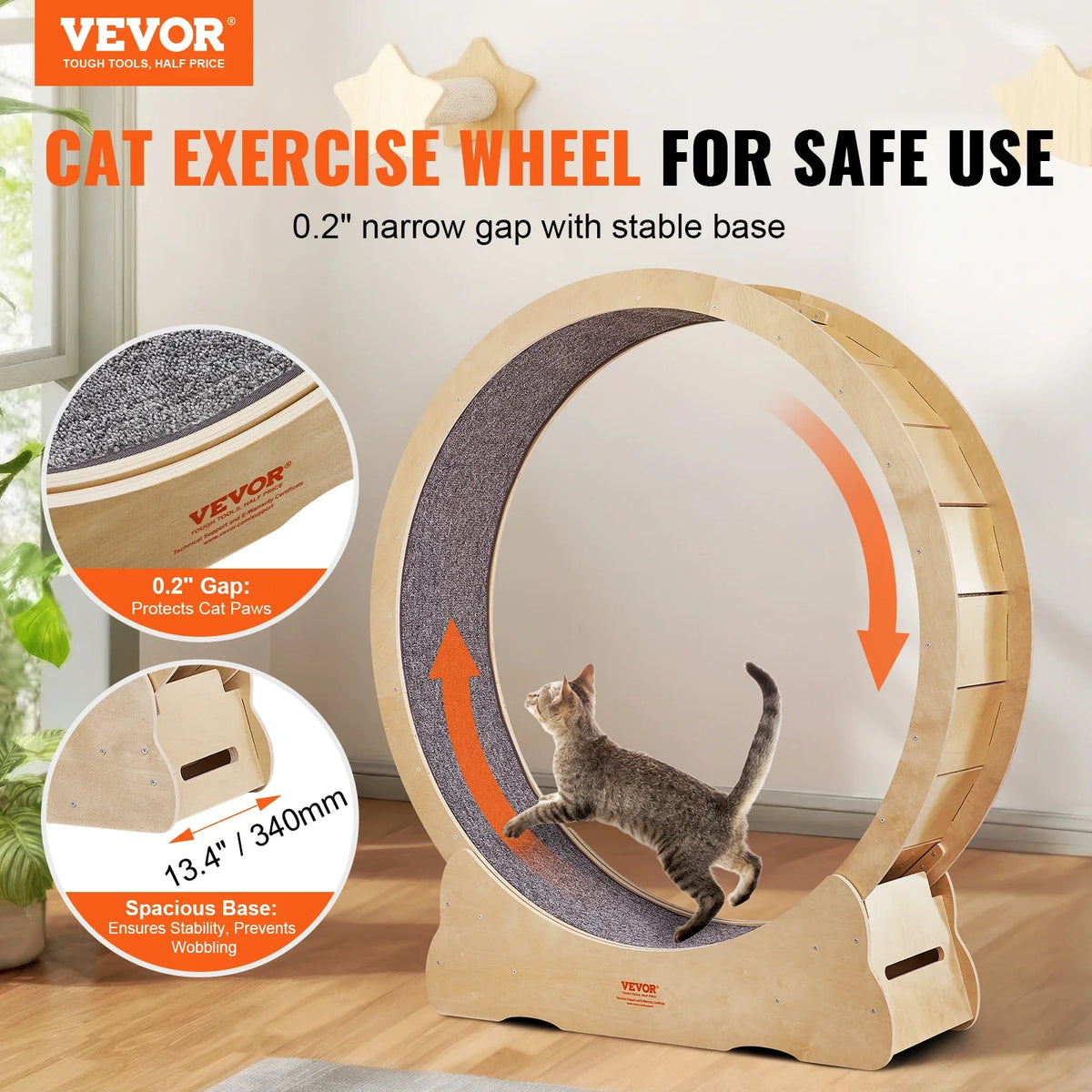 Cat Exercise Wheel Natural Wood Silent Running Toy Treadmill Roller Wheel with Detachable Carpet for Most Cats Pet Fitness