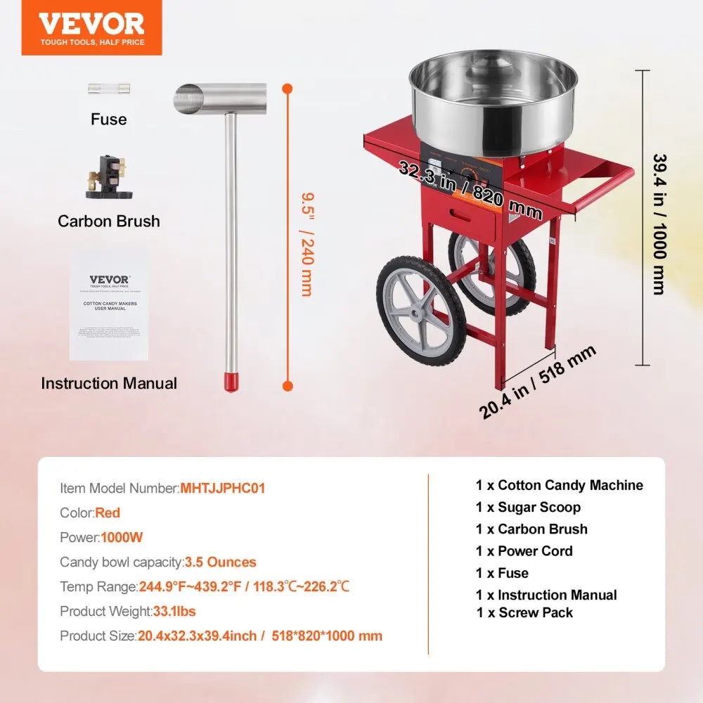 Electric Cotton Candy Machine with Cart and No Bubble Cover,1000W Floss Maker Perfect for Home,Kids Birthday,Family Party