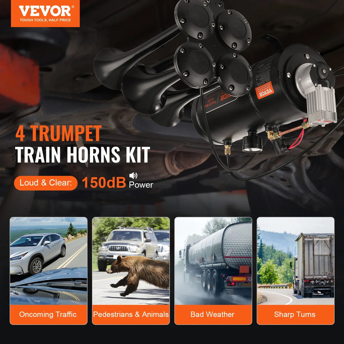 Train Horns Kit 12V 120 psi Air Compressor 0.8 Gal/3 L Tank with Gauge for Any 12V Vehicle Car Truck Train Van Boat