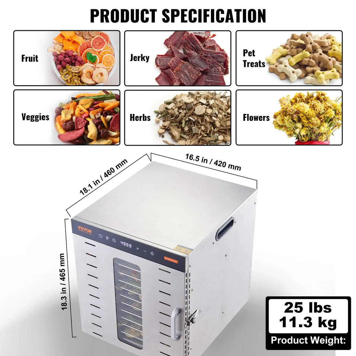 10 Trays Food Dehydrator Stainless Steel Machine 800W/1000W Household Vegetables Fruit Dryer with Digital Timer for Home