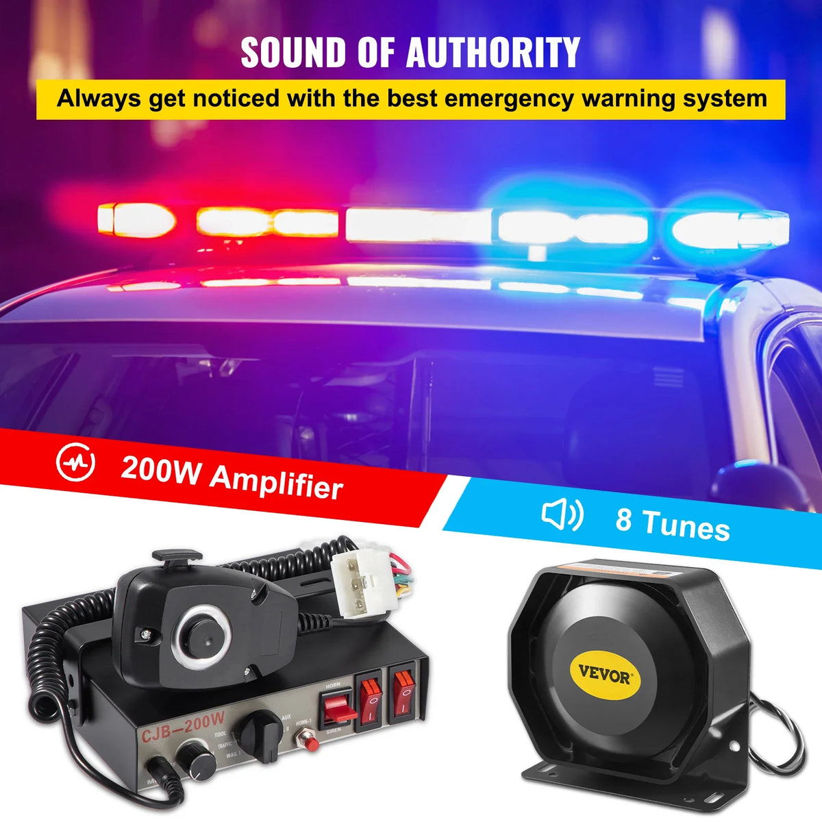 Siren Bundle 8 Tones Emergency Warning Siren, 200W, for Police, Ambulance, Fire Fighting and Engineer Vehicles