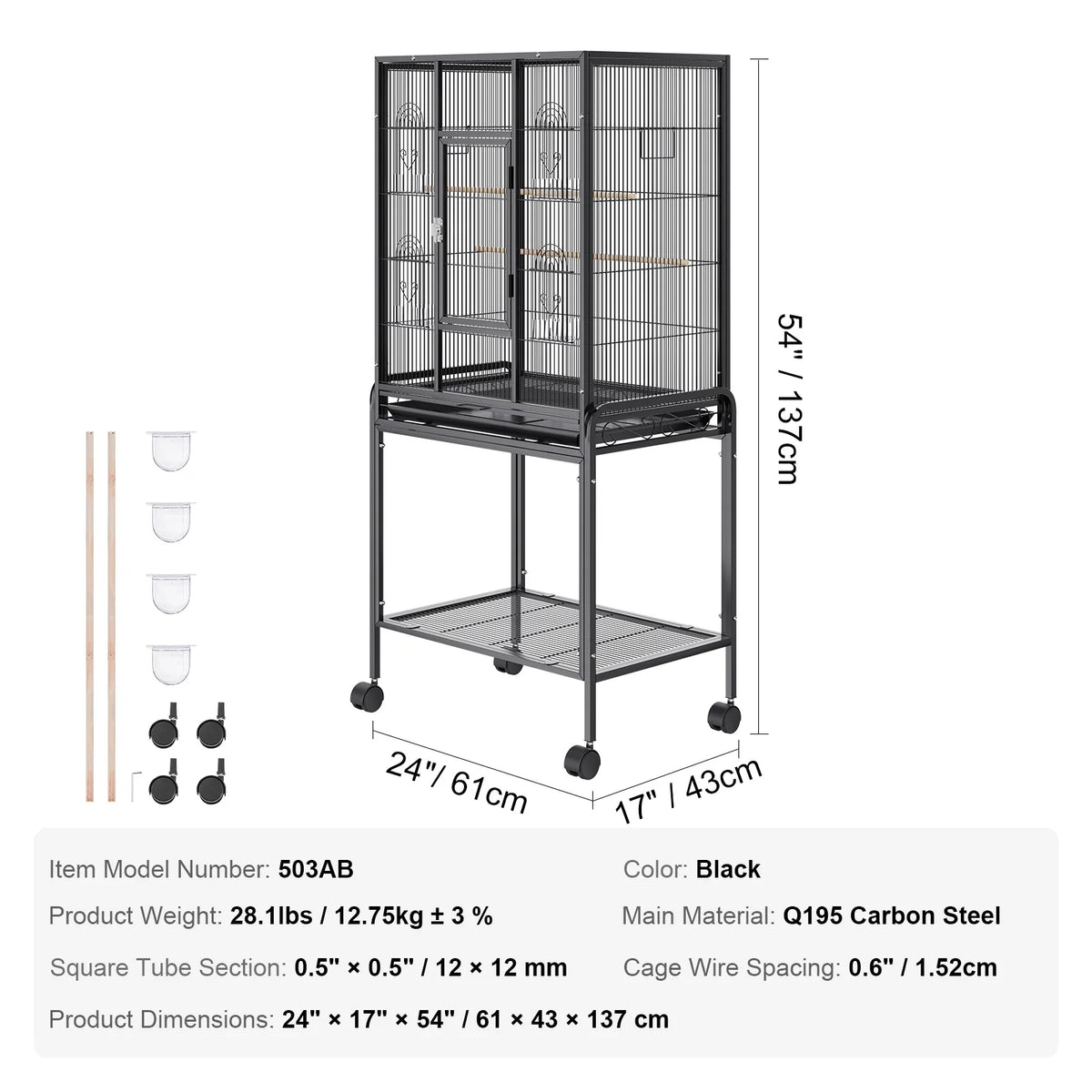 54inch Standing Large Bird Cage Carbon Steel Flight Bird Cage for Parakeets/Cockatiels/Parrots/Macaw with Rolling Stand