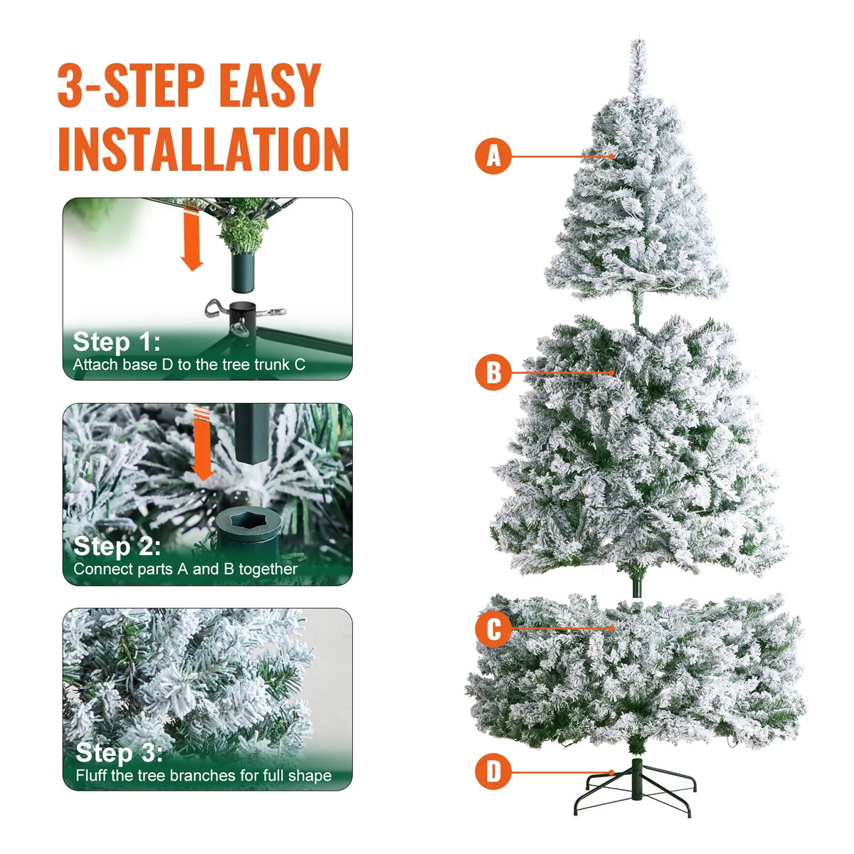 Christmas Tree 7.5ft Prelit Flocked Artificial Tree Full Holiday Xmas Tree Metal Base for Home Party Office Decoration