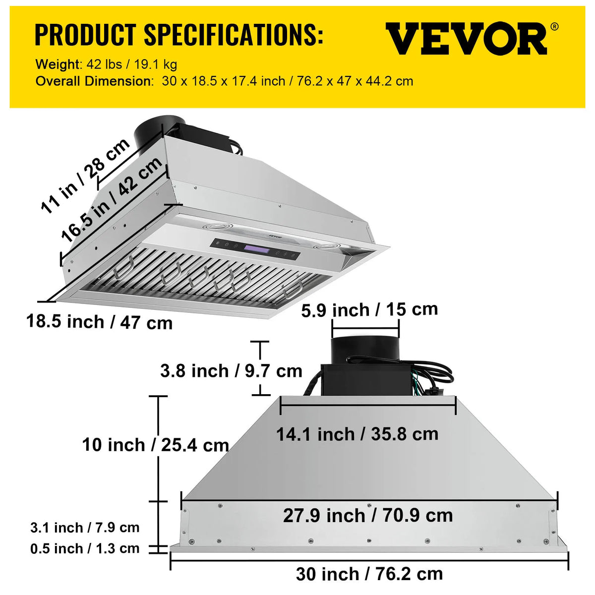 Insert Range Hood, 30/36 Inch Stainless Steel Built-in Kitchen Vent with Touch & Remote Control LED Lights Baffle Filters