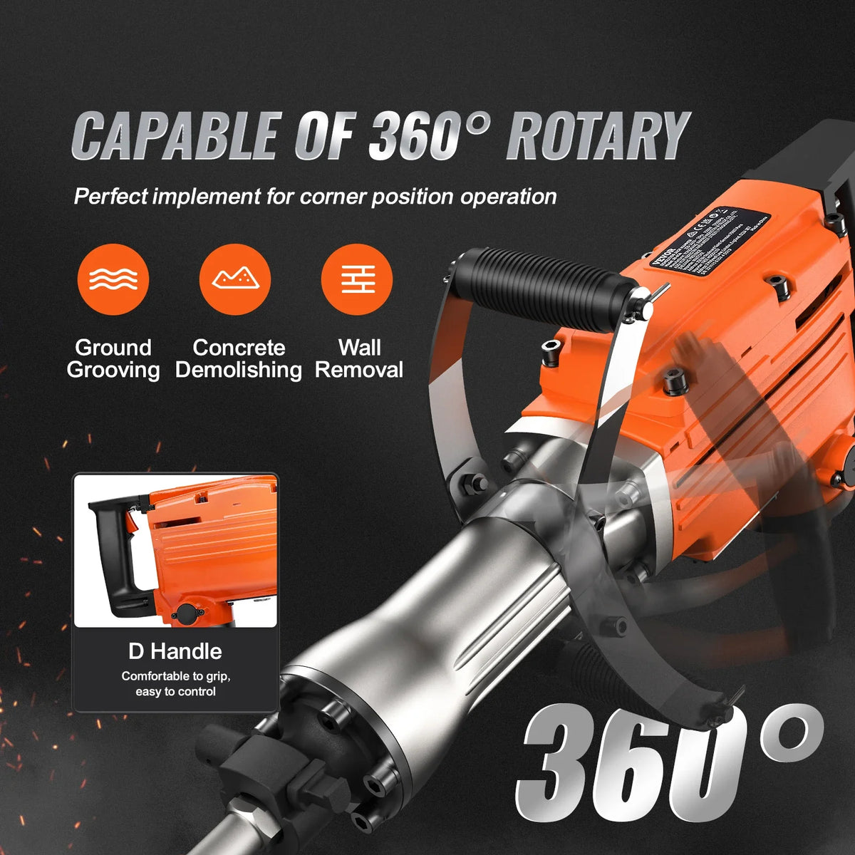 Demolition Jack Hammer 2200W Electric Jackhammer Heavy Duty 1350 BPM Concrete Breaker 2pcs Chisels Bit Chipping with Case