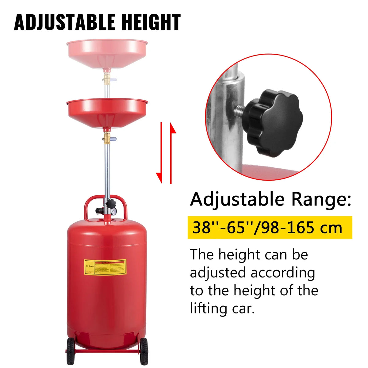 20 Gal Portable Waste Oil Drain Tank Fluid Fuel Transfer Drainage Adjustable Funnel Height, with Pressure Regulating Valve