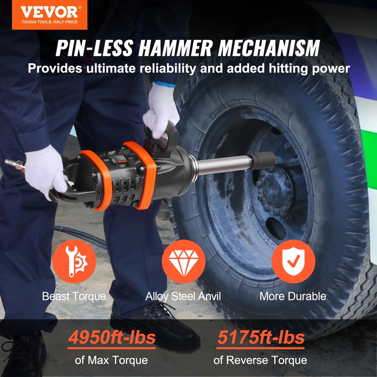 Air Impact Wrench Reverse Torque Pneumatic Impact Gun with 8 Inch Extended Anvil for Changing Tire Auto Repair Maintenance