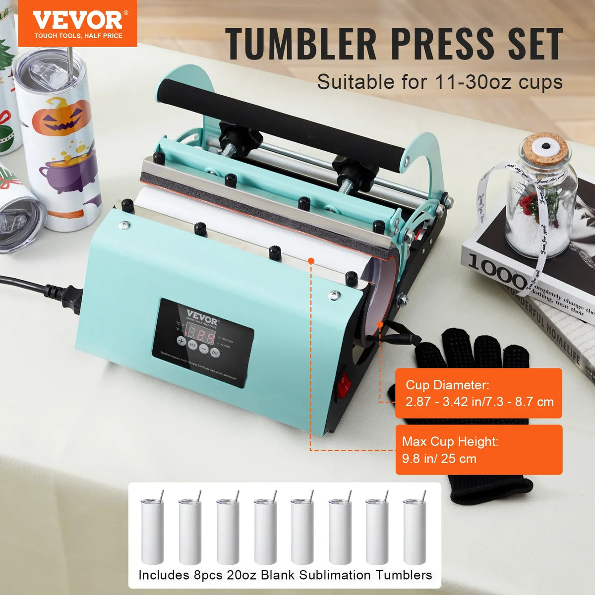 Tumbler Heat Press Machine and Sublimation Tumblers Tumbler Press Set with 8pcs 20OZ Blank Tumblers Mug Press Cup Press