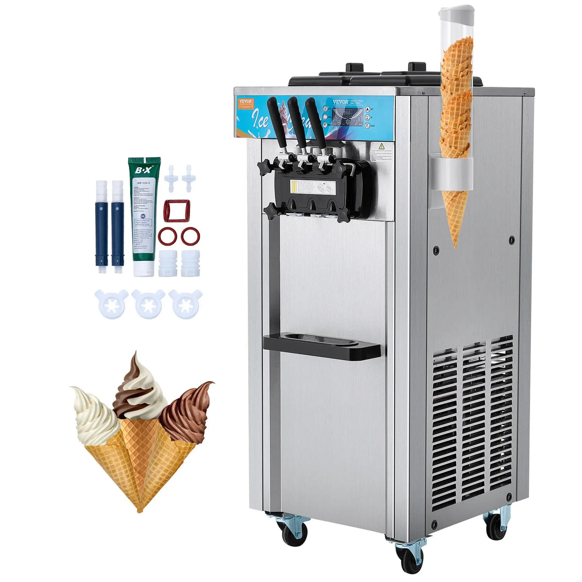 Commercial Ice Cream Machine,21-31 L/H Yield,1800W 3-Flavor Freestanding Soft Serve Ice Cream Maker,Auto Clean Pre-cooling