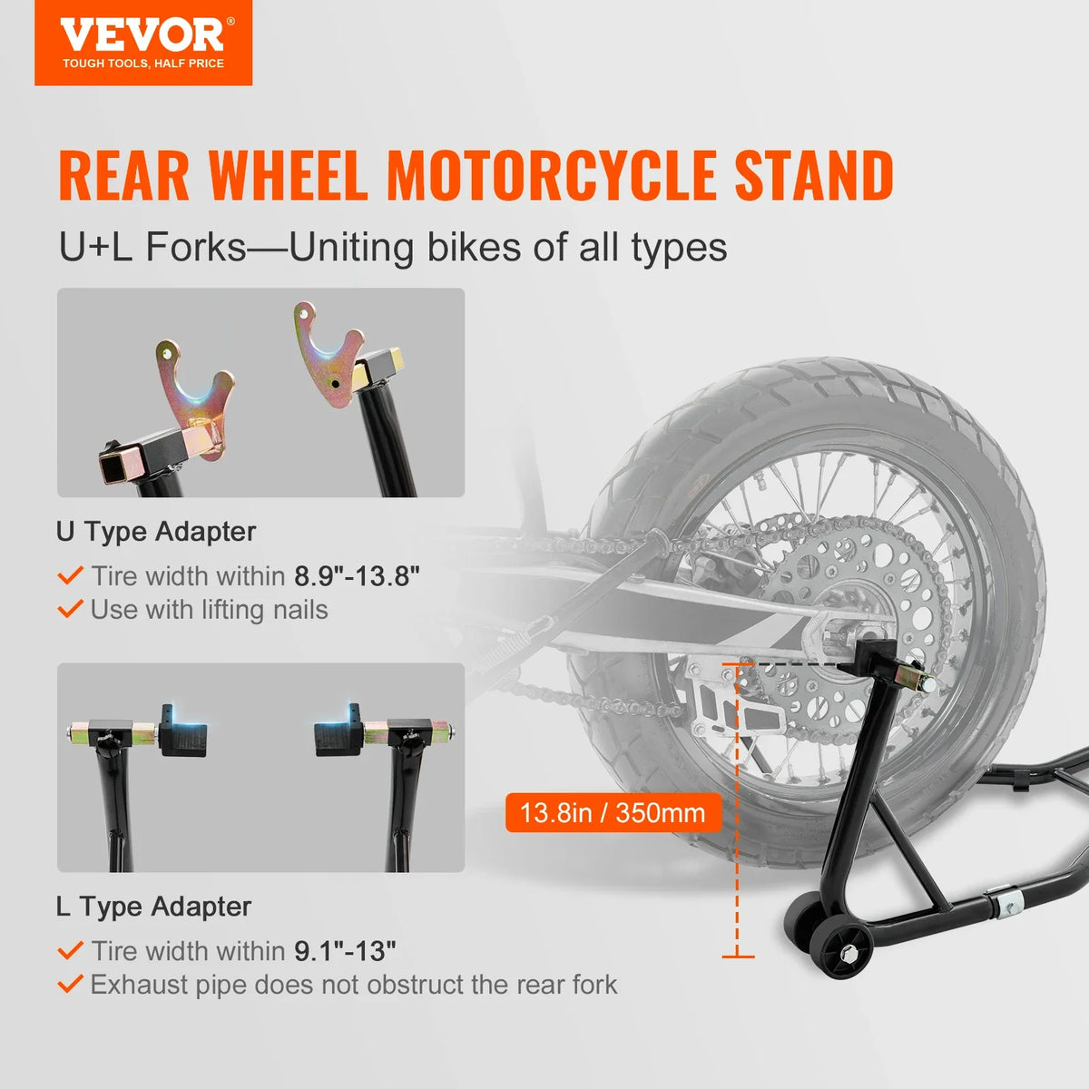 Motorcycle Rear Wheel Stand with U + L Fork Swingarm Spool 850 lbs Capacity for Suzuki Yamaha Honda Kawasaki