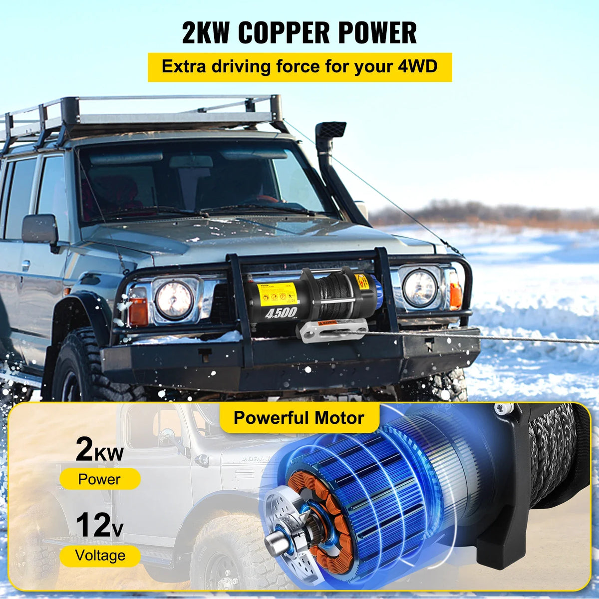 Electric Winch Truck Winch 12V 4500LBS Synthetic Rope Off Road Waterproof ATV UTV Winches w/ Wireless Remote