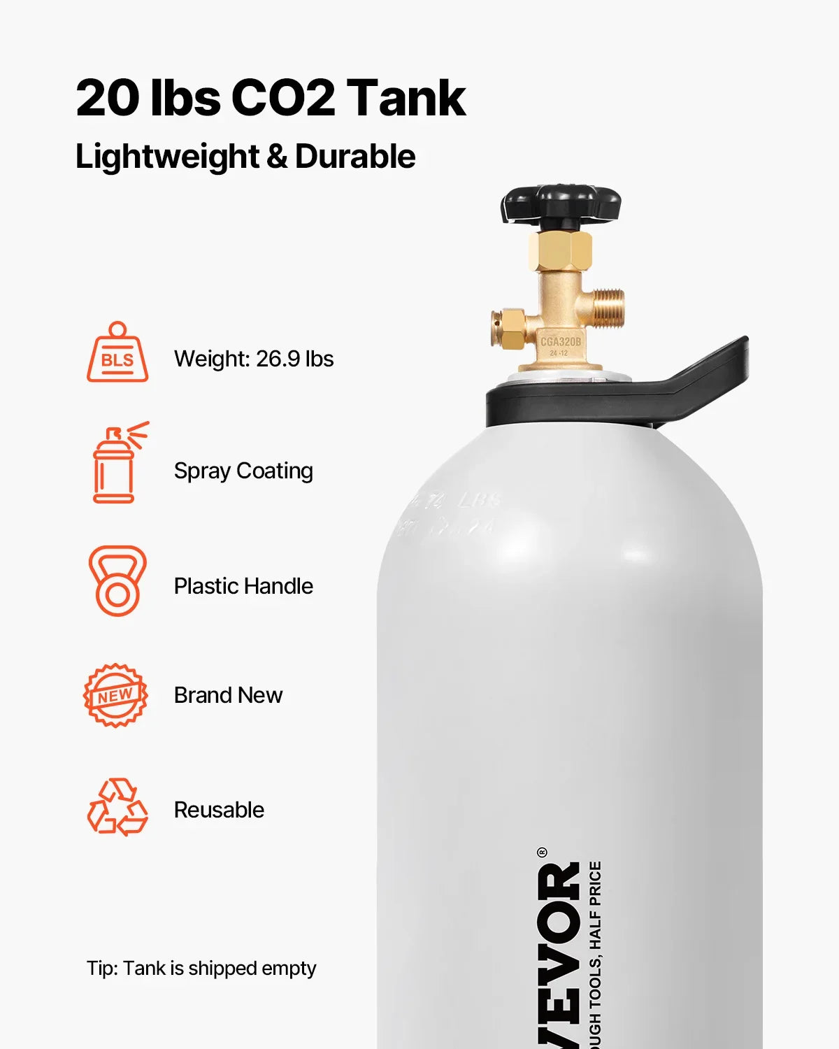 CO2 Tank, 20 lbs New Aluminum Alloy Cylinder,CO2 Air Tank w/Light Spray Coating,CGA320 Valve,Handle & Purple Copper Siphon