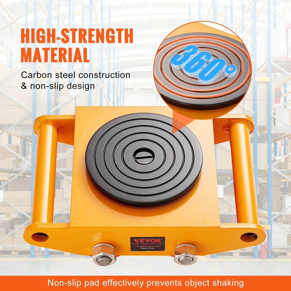 Machinery Skate Dolly,6T Heavy Duty Carbon Steel Machinery Moving Skate with 4 PU Wheels and 360° Rotation Non-Slip Cap