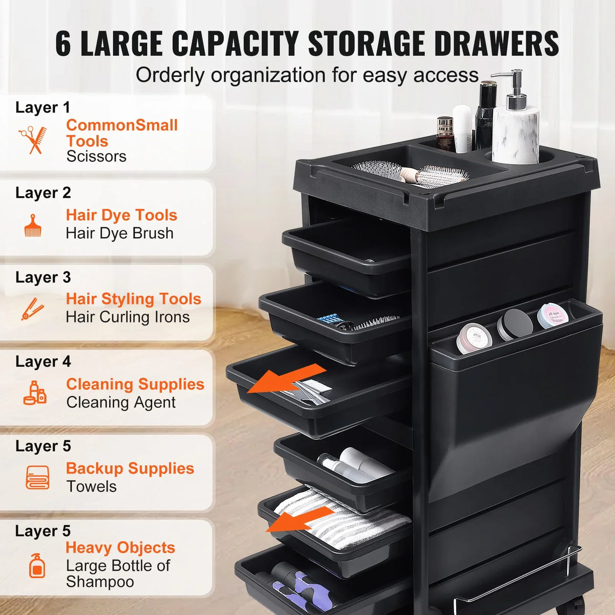 Ultimate Salon Trolley Cart for Stylist with 6 Removable Drawers & Tool Holder and Lockable Wheels for Beauty SPA Barber