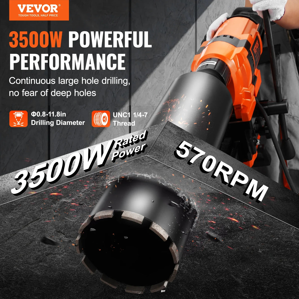 Core Drill Machine, 0.8-11.8in Drilling Diameter Diamond Core Drill Rig w/Core Drill Bit, 3500W Rugged Concrete Core Drill