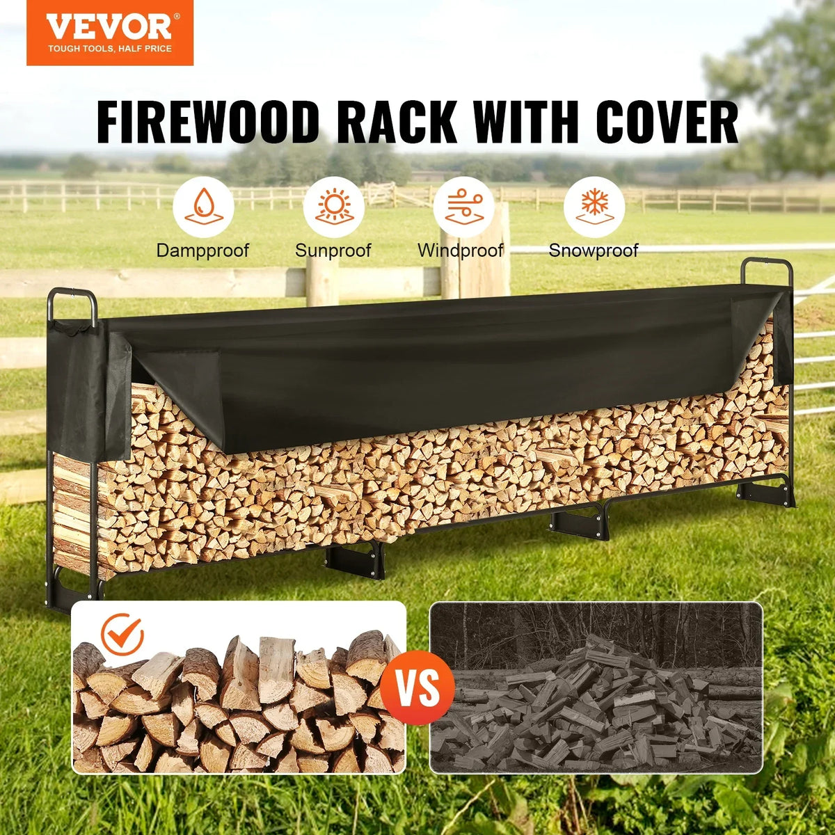 12.7FT Outdoor Firewood Rack with Cover Heavy Duty Firewood Holder & 600D Oxford Waterproof Cover for Fireplace Patio