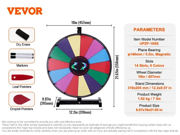 18/24/36 inch Spinning Prize Wheel 14 Slots Spinning Wheel Tabletop or Floor Standing Win Fortune Spin Games in Party Pub