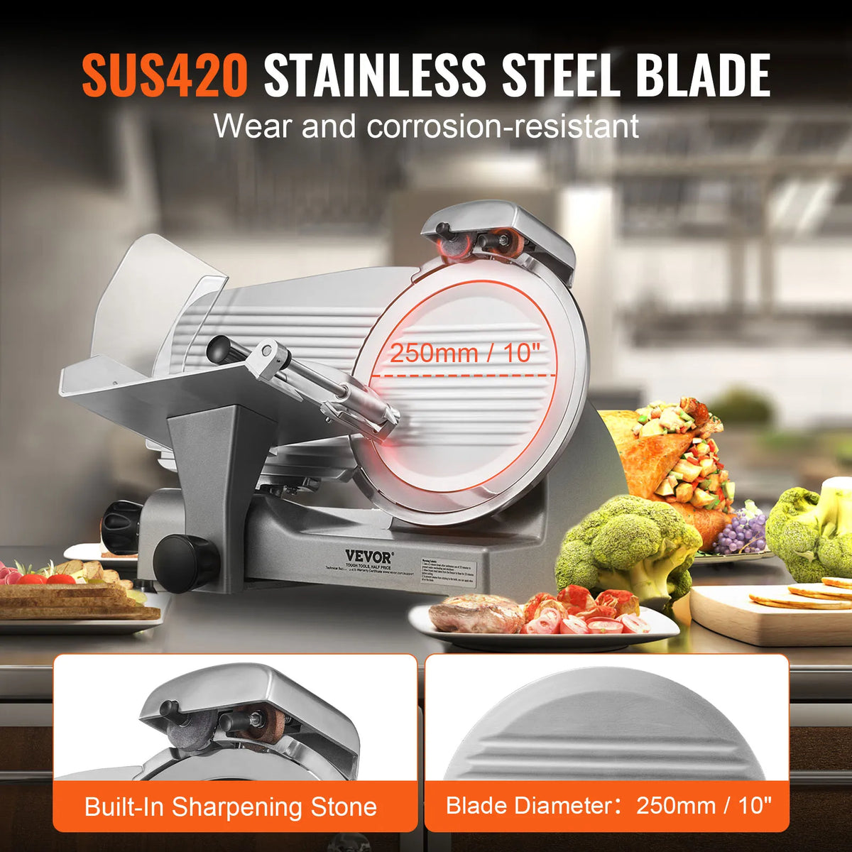 Meat Slicer, 340W Electric Deli Food Slicer with 10" SUS420 Stainless Steel Blade and Built-in Sharpening Stone,0-0.6 inch
