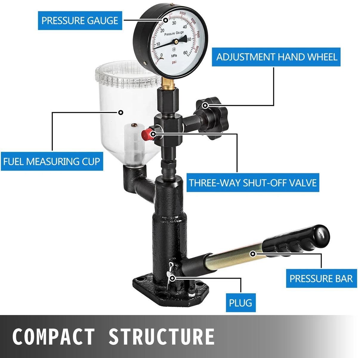 Diesel Fuel Injector Nozzles Tester with Dual Scale Gauge Common Rail Pressure Tester Repair Tool for Automobiles Tractors