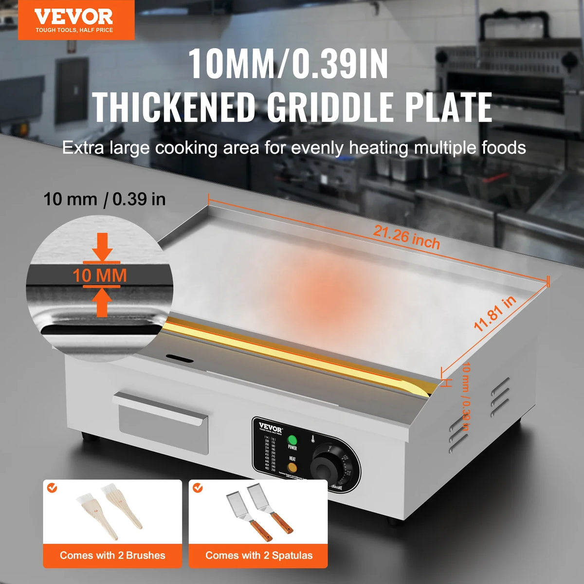 21.4In Commercial Electric Griddle,3200W Countertop Flat Top Grill,122℉-572℉Adjustable Temp,Stainless Steel Griddle Grill