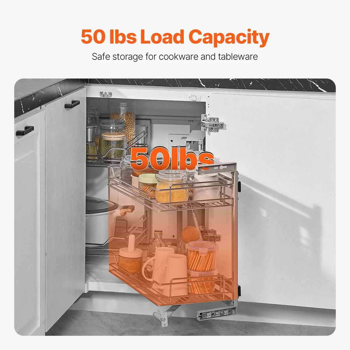 18"W Opening Blind Corner Pull Out Organizer, 2 Tier 4 Shelf Kitchen Cabinet Organizer, Chrome Carbon Steel Storage Basket
