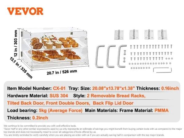 2/3 Tray Clear Pastry Display Case Acrylic Commercial Countertop Bakery Display Case with Front and Rear Door for Bread