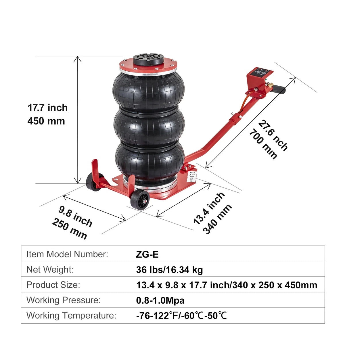 3 Ton/6600 lbs Triple Bag Air Jack, with Six Steel Pipes, 3-5 s Fast Lifting  with Long Handles for Cars Garages Repair