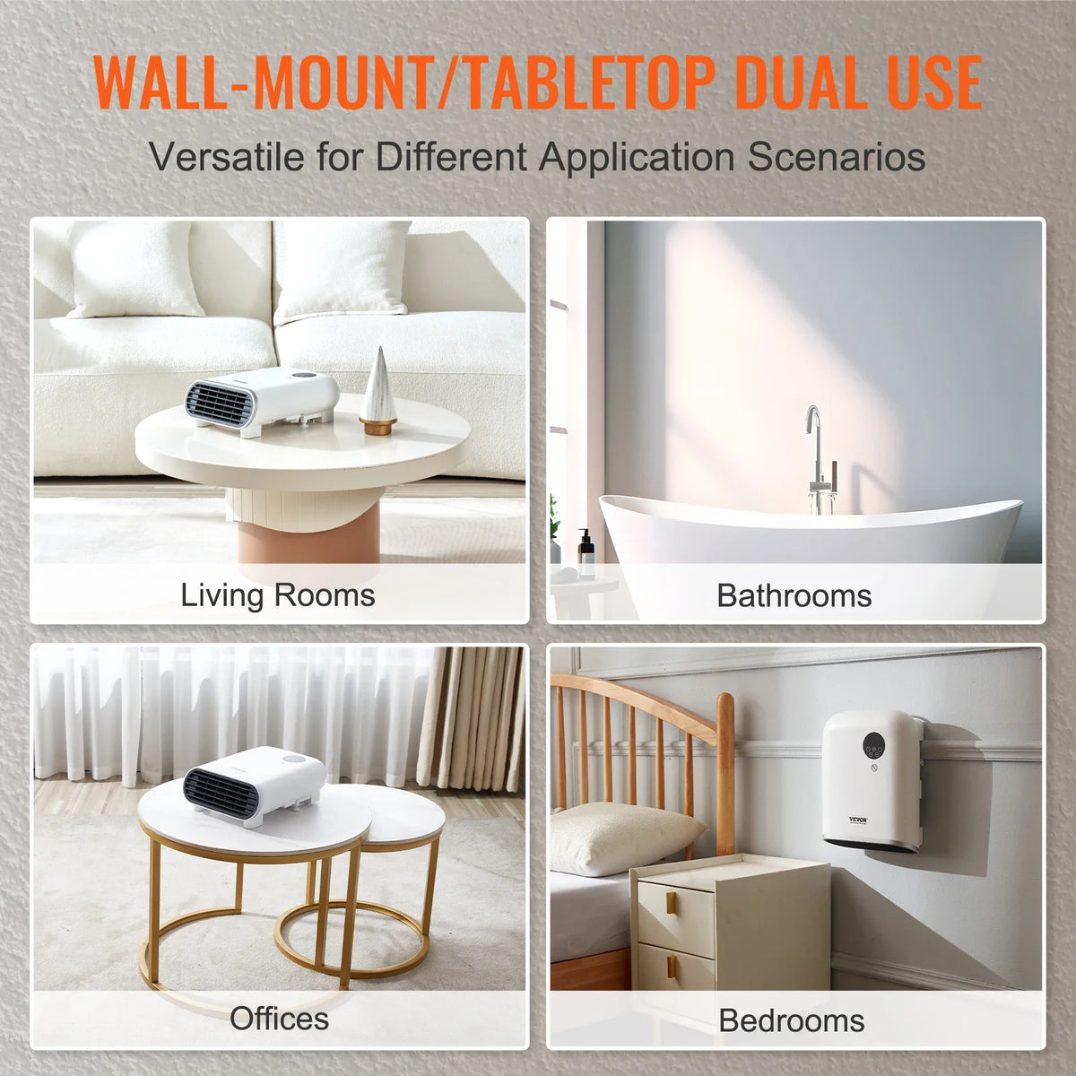 Electric Wall Heater 1500W Small Space Heaters with Knob Adjustment Tip-Over Overheat & IPX24 Waterproof Safety Protection