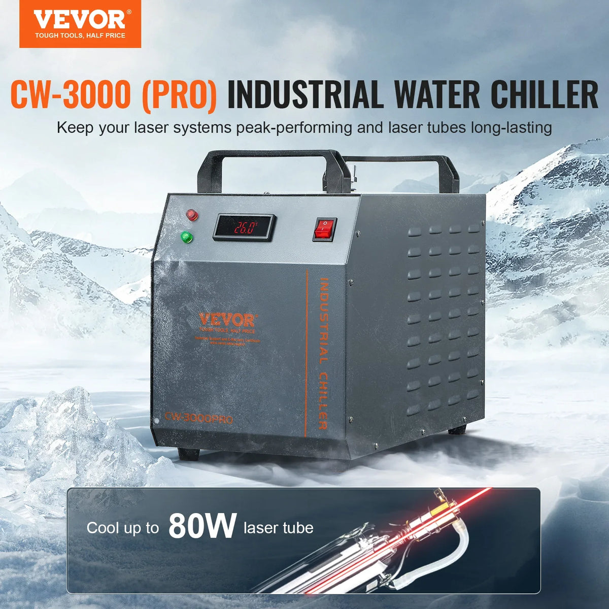 Industrial Water Chiller, CW-3000(PRO),150W Air-Cooled Industrial Water Cooler Cooling System with 12L Water Tank,18 L/min