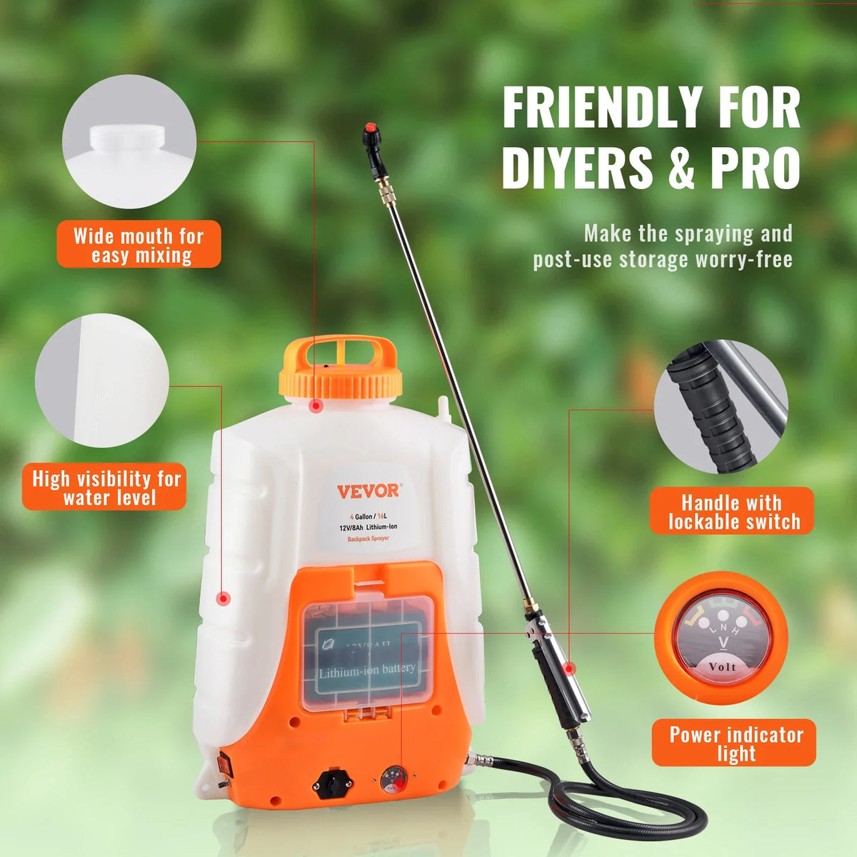 Battery Powered Backpack Sprayer 0-90 PSI Adjustable Pressure 4 Gallon Tank Back Pack Sprayer with 8 Nozzles and 2 Wands