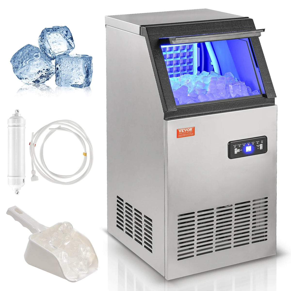 Commercial Ice Maker, 80lbs/24H, 40 Ice Cubes in 12-15 Minutes, Freestanding Cabinet Ice Maker w/ 27.5lbs Storage Capacity